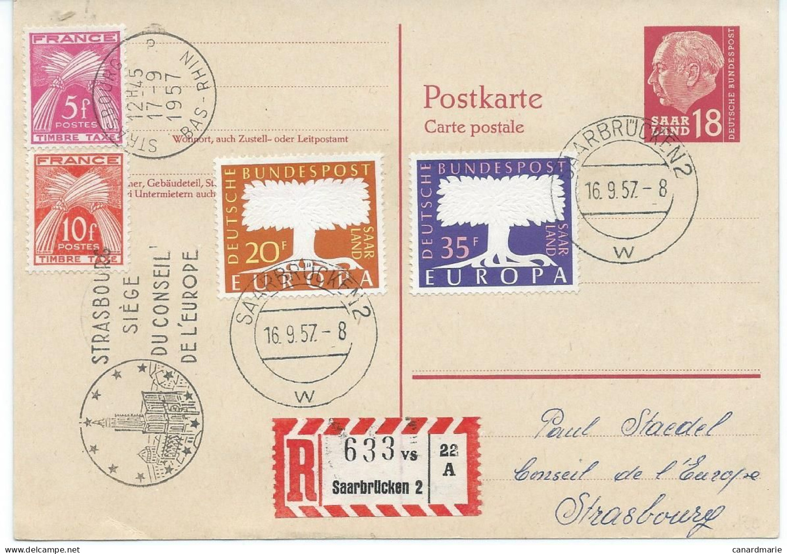 ENTIER POSTAL RECOMMANDE A 18 F AVEC AFFRANCHISSEMENT COMPLEMENTAIRE ET 2 TIMBRES TAXE DE FRANCE - Postal  Stationery