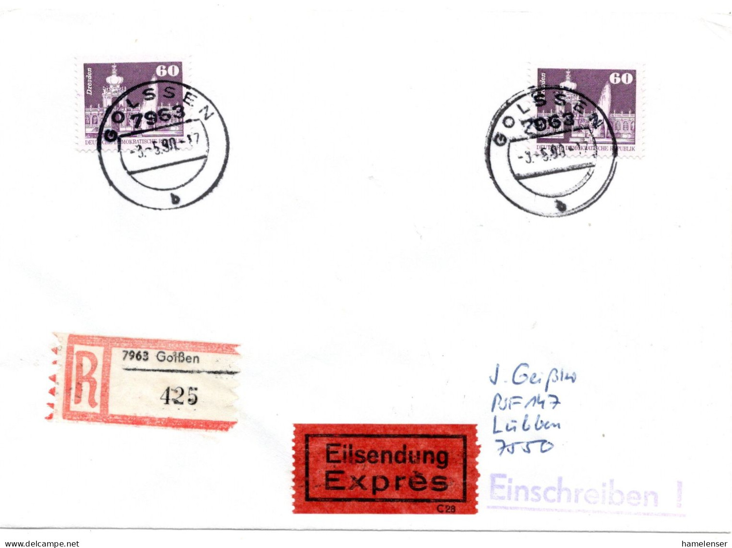 74909 - DDR - 1990 - 2@60Pfg Kl Bauten A R-EilBf GOLSSEN -> LUEBBEN - Lettres & Documents