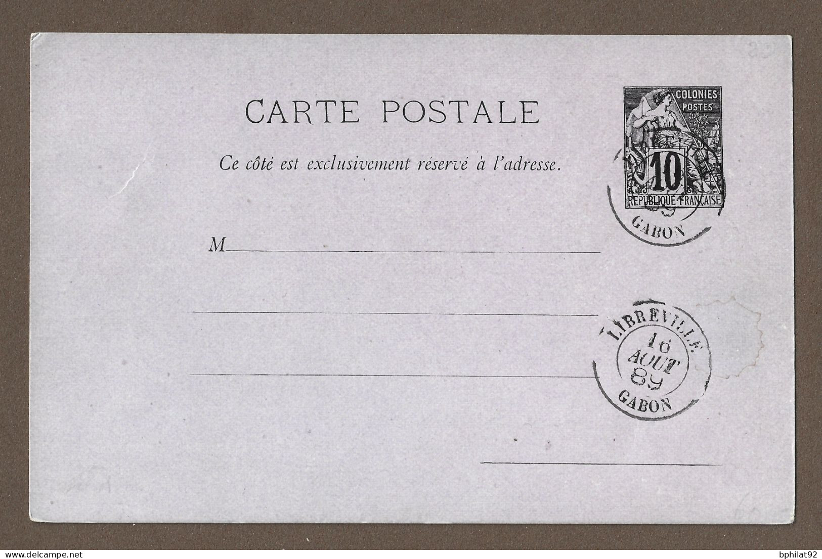 !!! ENTIER POSTAL ALPHÉE DUBOIS AVEC OBLITÉRATION PHILATÉLIQUE DE LIBREVILLE, GABON, D'AOÛT 1889 - Alphée Dubois