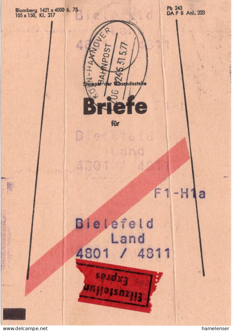 74912 - Bund - 1977 - Vorbindezettel Fuer Eilbrief-Postsack BahnpostStpl KOELN-HANNOVER -> Bielefeld - Briefe U. Dokumente