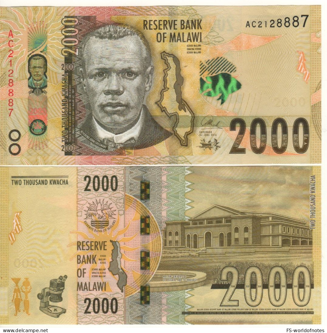 MALAWI  2'000 Kwacha  P69a  Dated 01.06.2016  ( Reverend John Chilembwe, Outline Of Malawi ) - Malawi