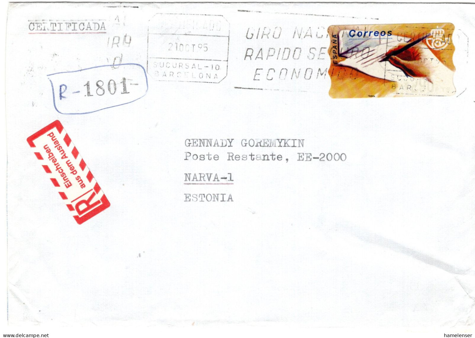 74918 - Spanien - 1995 - 290Ptas ATM A R-Bf BARCELONA - ... -> NARVA (Estland), M Dt (!) R-Aufkleber - Storia Postale