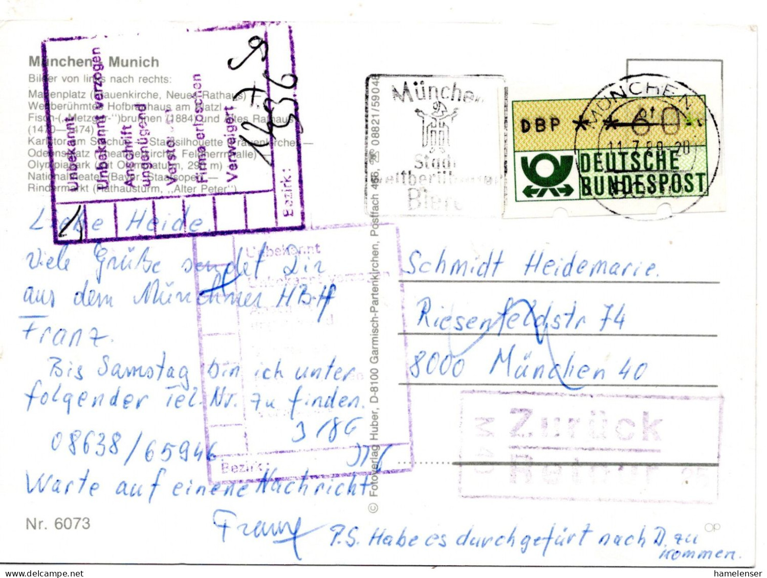 74919 - Bund - 1989 - 60Pfg ATM A OrtsAnsKte MUENCHEN - ... , "unzustellbar" Zurueck - Machine Labels [ATM]