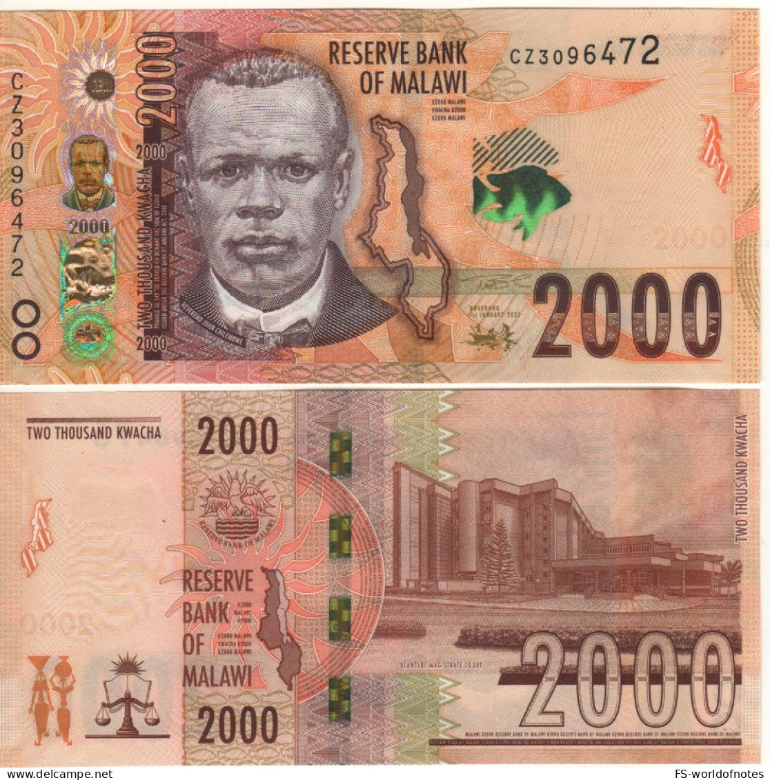 MALAWI New  2'000 Kwacha  PW70b  Dated 01.01.2022  ( Reverend John Chilembwe, Outline Of Malawi ) - Malawi