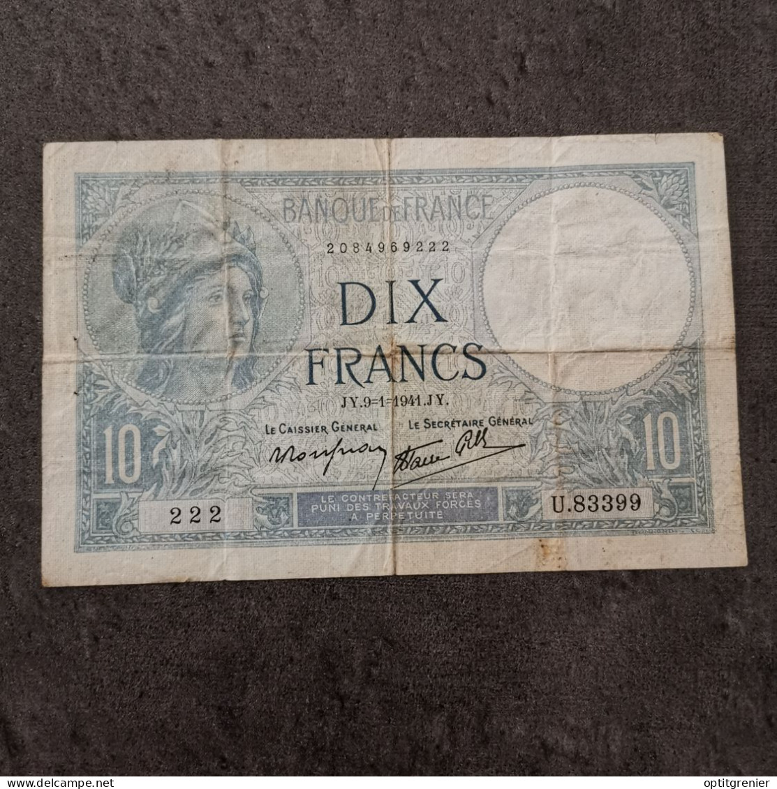 BILLET CIRCULE 10 FRANCS MINERVE 9 1 1941 FRANCE / BANKNOTE - 10 F 1916-1942 ''Minerve''