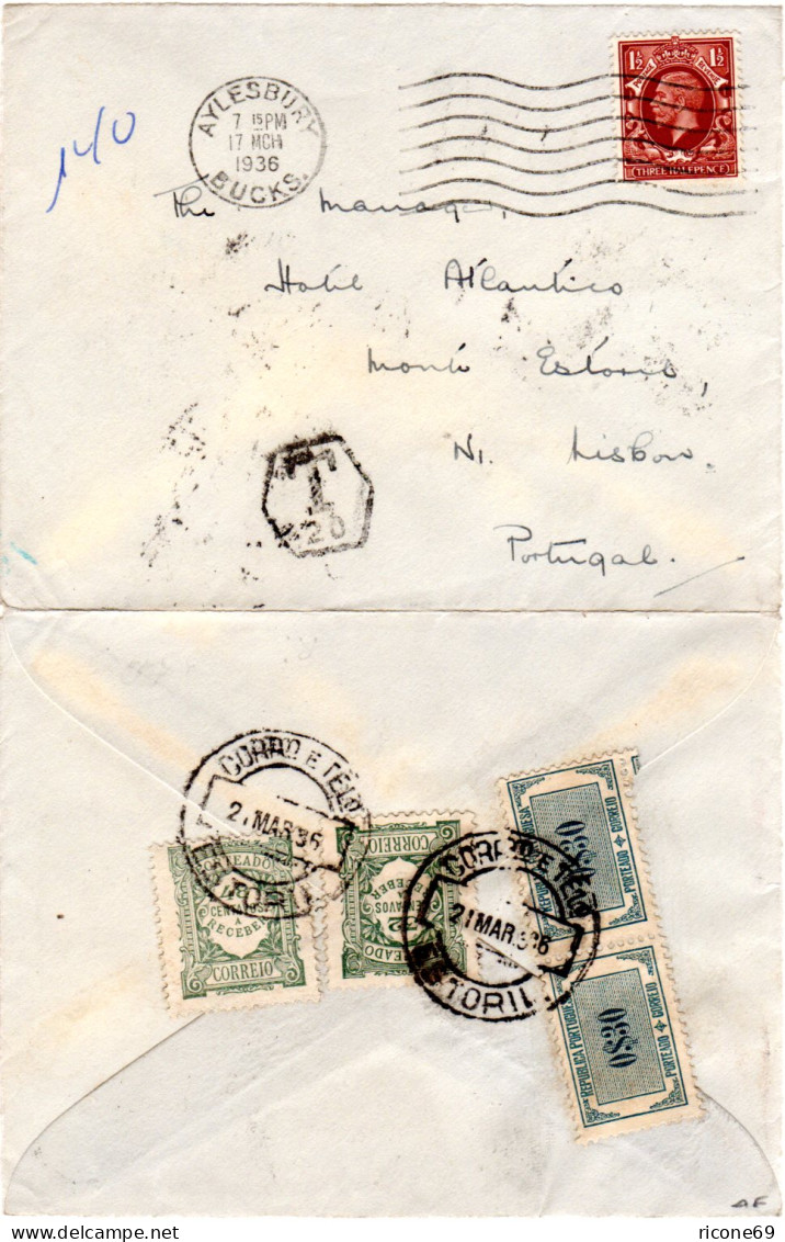 Portugal 1936, 4 Portomarken Rücks. Auf GB Brief M. 1 1/2d V. Aylesbury  - Otros & Sin Clasificación