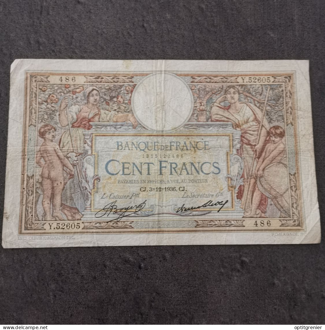 BILLET CIRCULE 100 FRANCS LUC OLIVIER MERSON 3 12 1936 FRANCE / BANKNOTE - 100 F 1908-1939 ''Luc Olivier Merson''