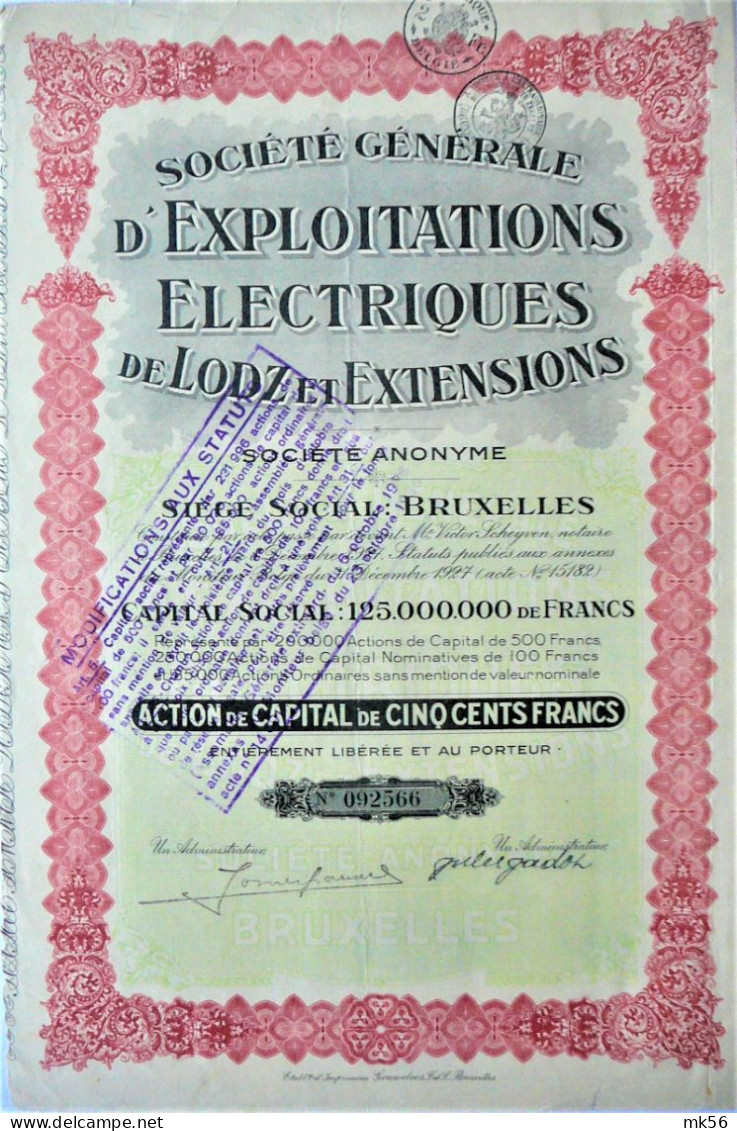 S.A. Société Générale  D'Exploitation Electriques De Lodz Et Extensions (1927) - Electricité & Gaz