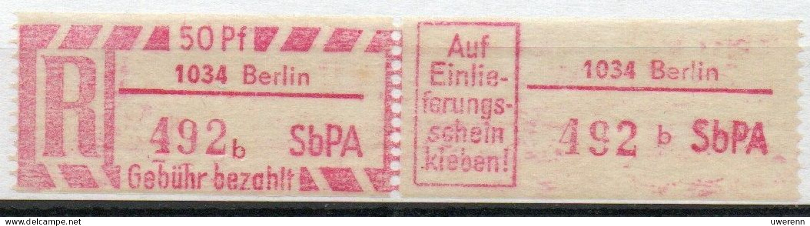 DDR Einschreibemarke Berlin SbPA Postfrisch, EM2B-1034bI Zh - R-Zettel