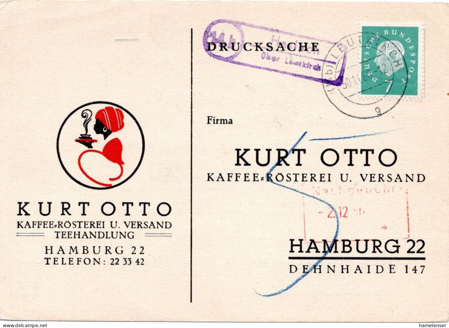 74928 - Bund - 1960 - 7Pfg Heuss III EF A DrucksKte LandpostStpl HASSLACH -> LEUTKIRCH -> Hamburg, 5Pfg Nachporto - Covers & Documents