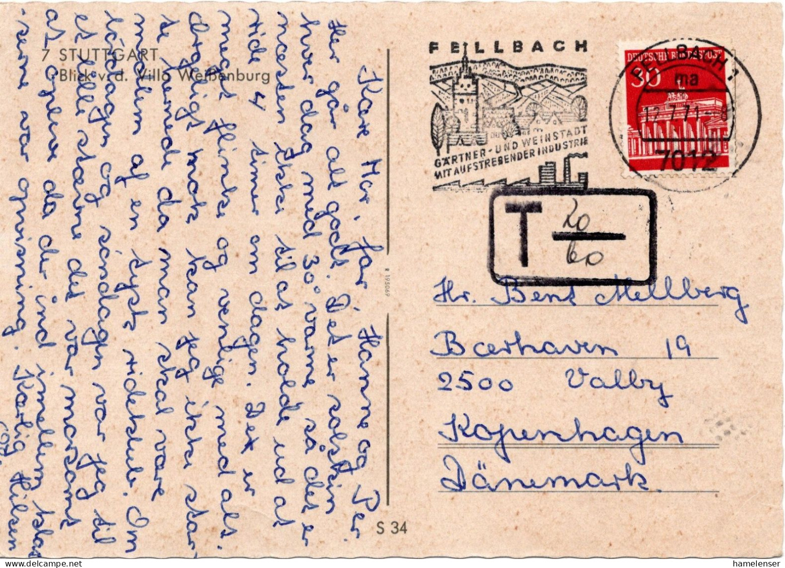 74929 - Bund - 1971 - 30Pfg Brandenburger Tor EF A AnsKte FELLBACH - ... -> Daenemark, M Dt Nachportostpl - Covers & Documents