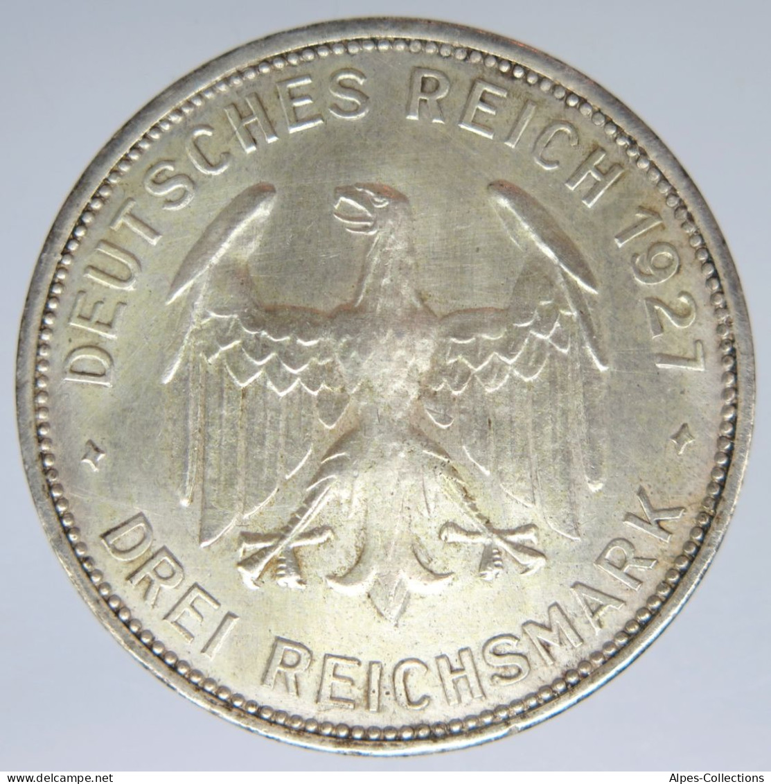 DEU054 - ALLEMAGNE - Rep. Weimar - 3 Reichsmark 1927 F - Argent 500 ‰ - RARE - 3 Mark & 3 Reichsmark