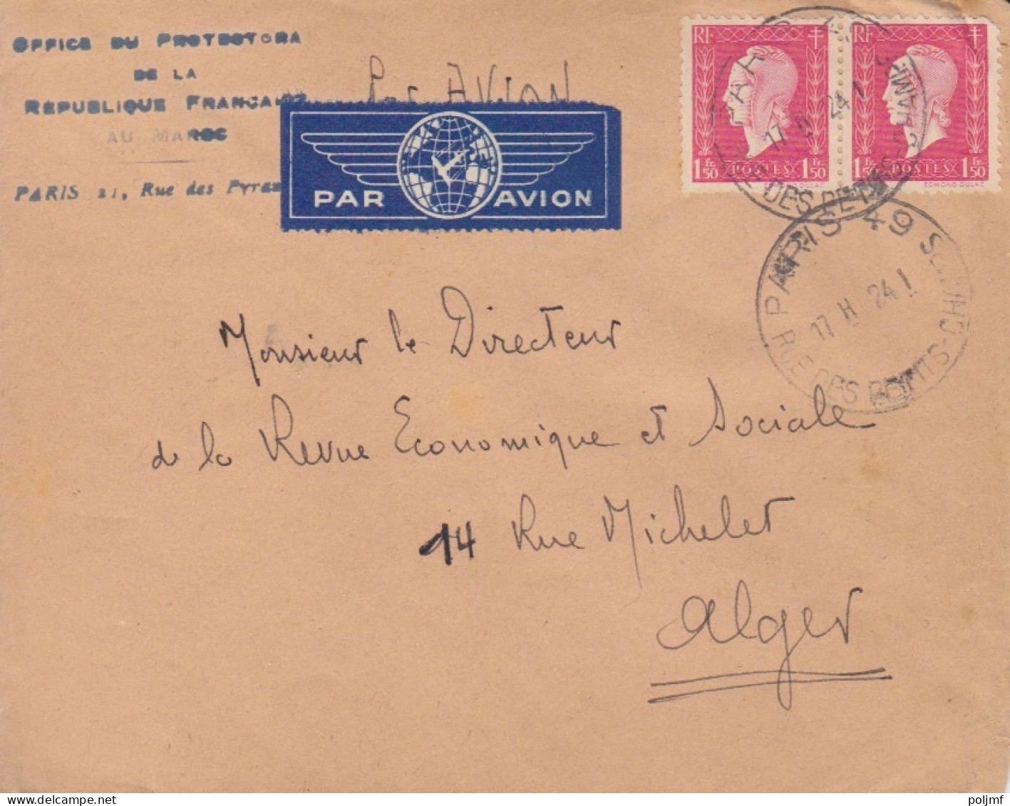 Lettre "protectorat Maroc"par Avion Obl. Paris 49 Le 24/1/45 Sur 1f50 X 2 Dulac N° 691 X 2  (tarif Du 5/1/42) Pour Alger - 1944-45 Marianne Of Dulac