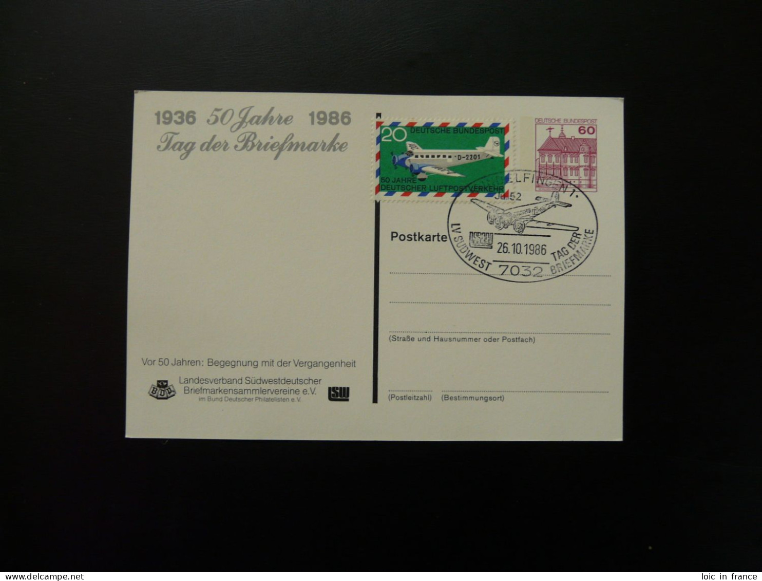 Entier Postal Stationery Card Aviation Tag Der Briefmarke Sindelfingen 1986 - Private Postcards - Used