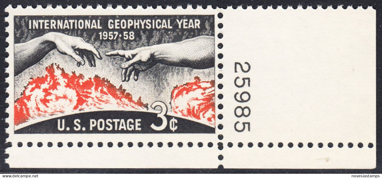 !a! USA Sc# 1107 MNH SINGLE From Lower Right Corner W/ Plate-# 25985 - Geophysical Year - Unused Stamps