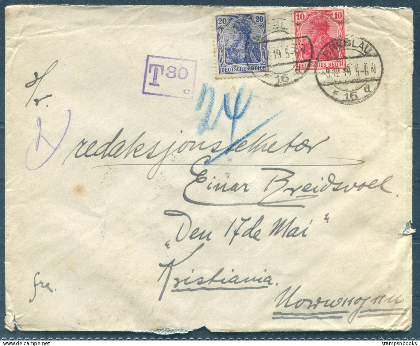 1919 Germany Breslau Postage Due, Taxe Postomaerke Cover - Kristiania Norway - Brieven En Documenten