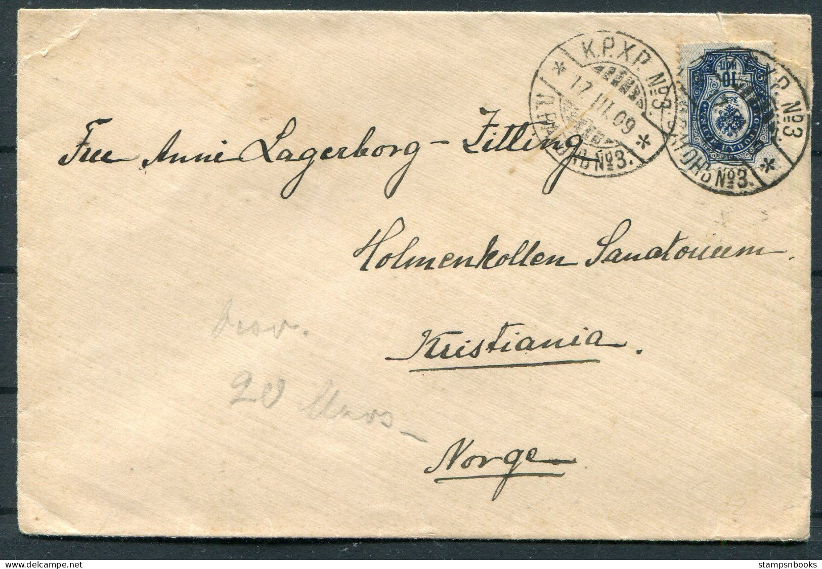1919 Finland K.P.X.P. No 3 Railway TPO Cover - Holmenkollen Tuberculosis Sanatorium, Kristiania Norway Hotel - Briefe U. Dokumente