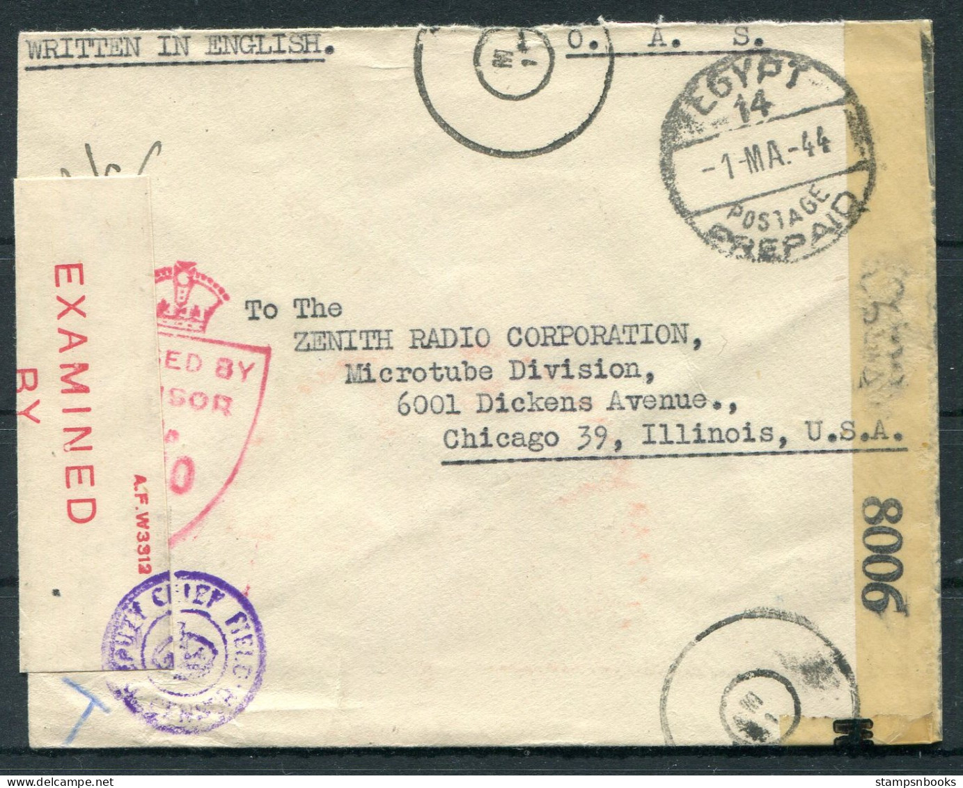 1944 Egypt O.A.S. Fieldpost Censor Cover - Zenith Radio, Chicago USA. Base Army Post Office 4  - Briefe U. Dokumente