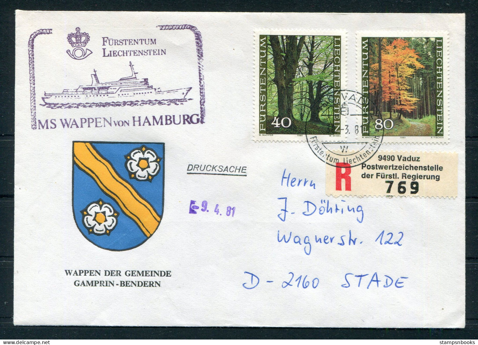 1981 Liechtenstein Registered Vaduz Trees MS WAPPEN VON HAMBURG Ship Cover. Bendern Gamprin Coat-of-Arms - Storia Postale