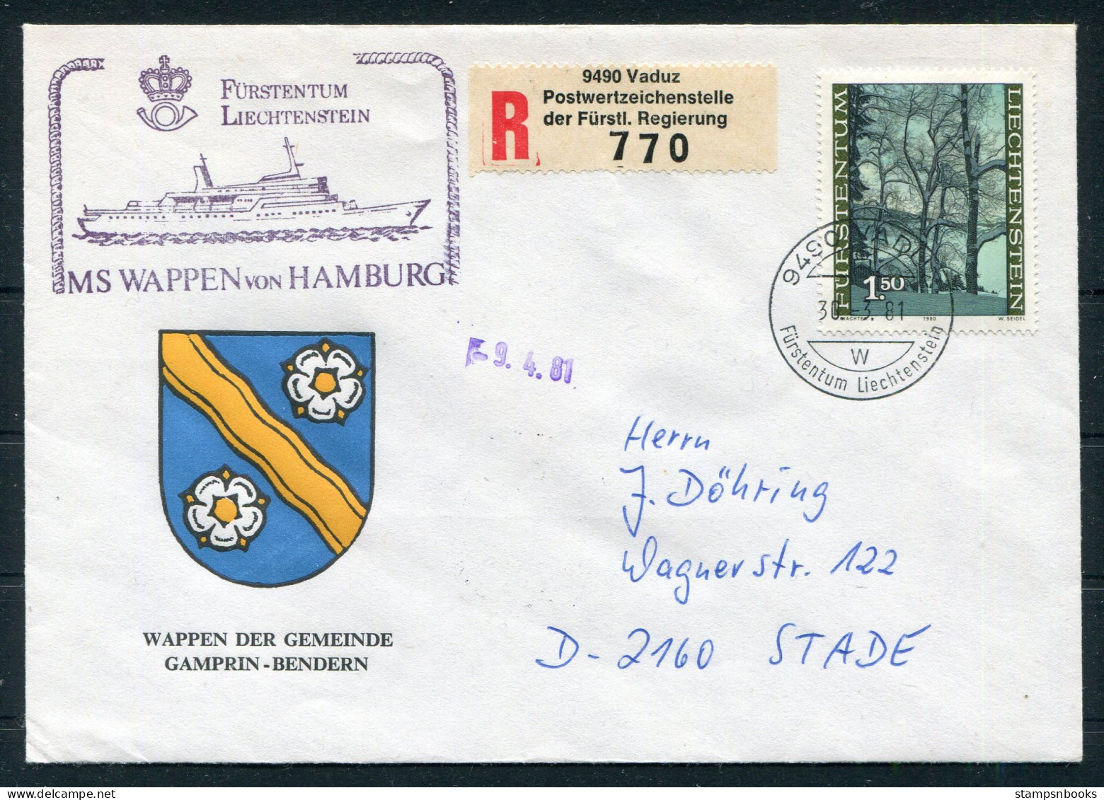 1981 Liechtenstein Registered Vaduz Trees MS WAPPEN VON HAMBURG Ship Cover. Bendern Gamprin Coat-of-Arms - Brieven En Documenten