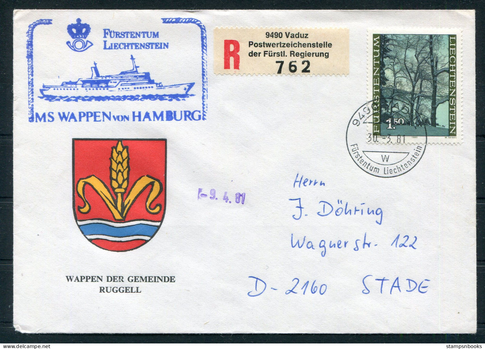 1981 Liechtenstein Registered Vaduz Trees MS WAPPEN VON HAMBURG Ship Cover. RUGGELL Coat-of-Arms - Briefe U. Dokumente