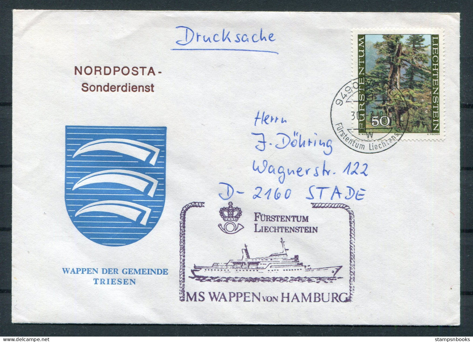 1981 Liechtenstein Vaduz Trees MS WAPPEN VON HAMBURG Ship Cover. Wappen Der Gemeinde TRIESEN Coat-of-Arms - Brieven En Documenten