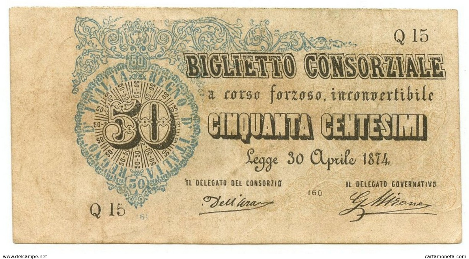50 CENTESIMI BIGLIETTO CONSORZIALE REGNO D'ITALIA 30/04/1874 BB+ - Biglietti Consorziale