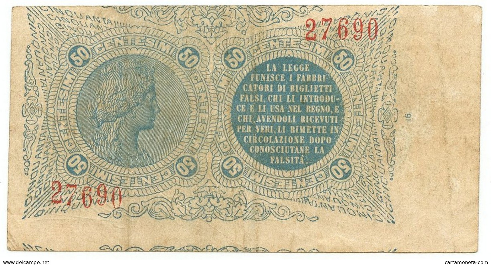 50 CENTESIMI BIGLIETTO CONSORZIALE REGNO D'ITALIA 30/04/1874 BB+ - Biglietto Consorziale