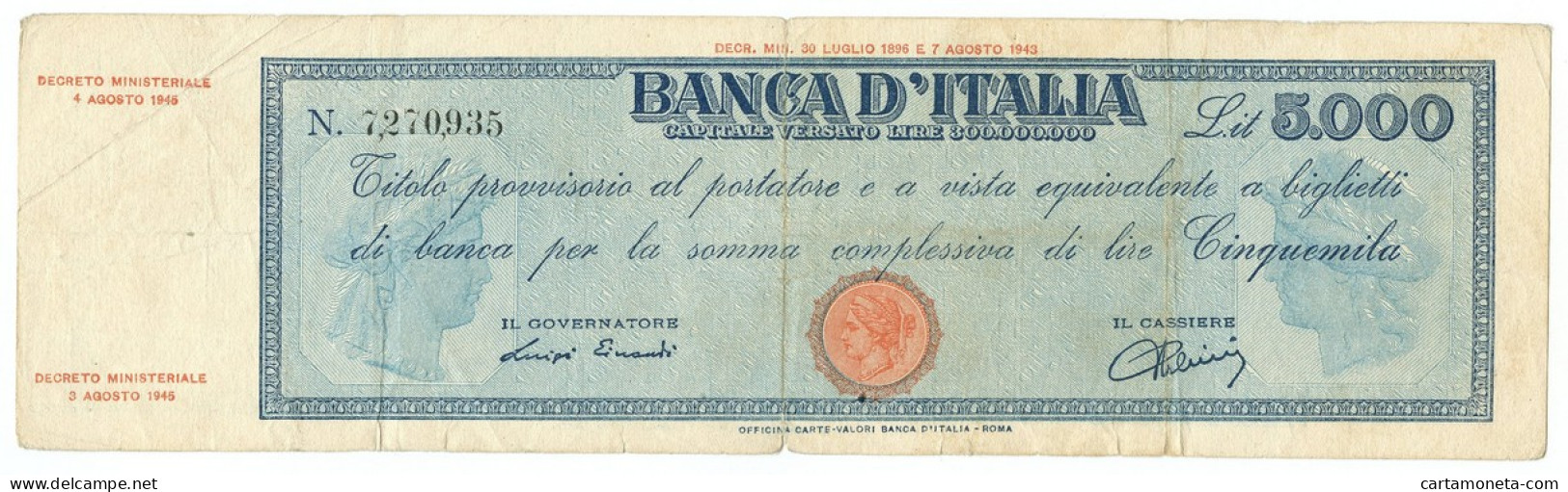 5000 LIRE TITOLO PROVVISORIO TESTINA LUOGOTENENZA UMBERTO 04/08/1945 MB+ - Regno D'Italia – Other