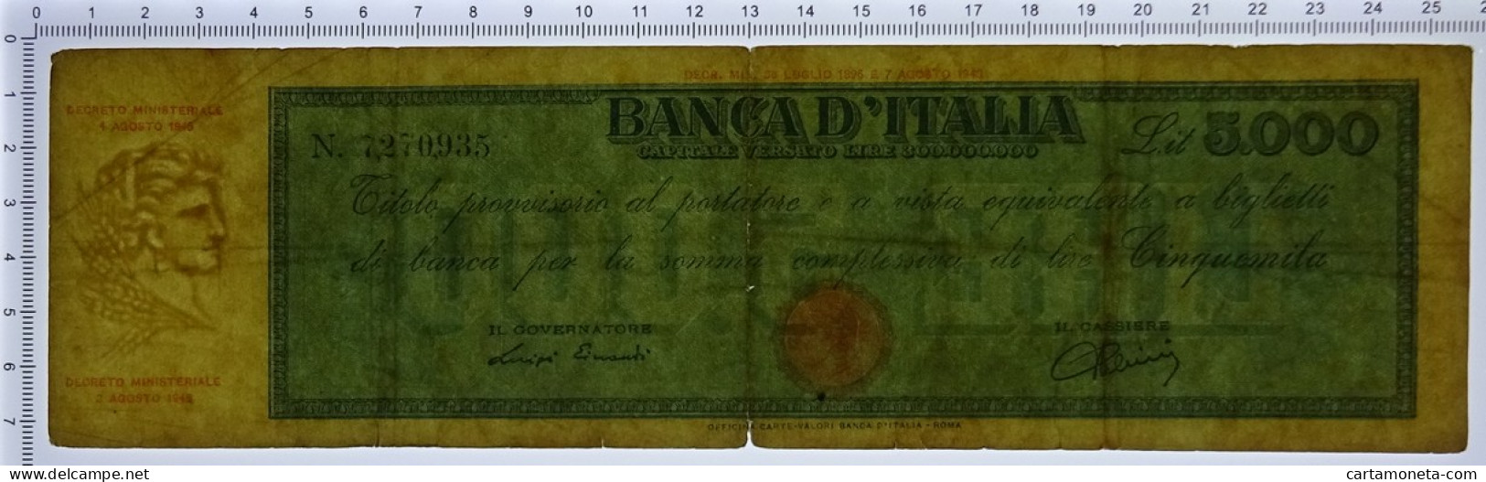 5000 LIRE TITOLO PROVVISORIO TESTINA LUOGOTENENZA UMBERTO 04/08/1945 MB+ - Regno D'Italia – Other