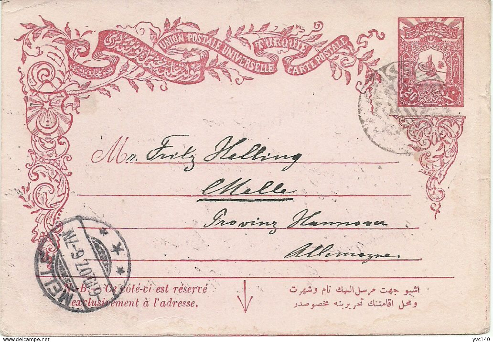 Turkey; Ottoman Postal Stationery Sent From Biledjik (Bilecik) To Melle (Germany) - Cartas & Documentos