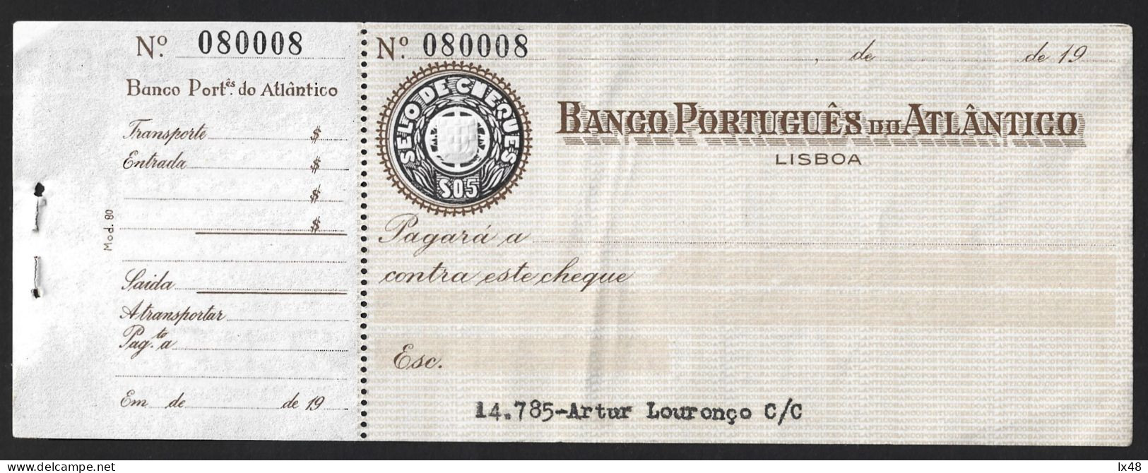 Check Banco Português Atlântico Lisbon. $05 Check Stamp With Offset Printing.Cheque BPA. Selo De Cheques $05 Com Impress - Chèques & Chèques De Voyage