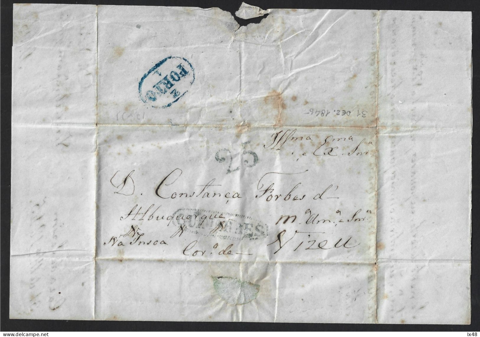 Carta Pré-filatélica 1845, Ínsua, Penalva Castelo,Viseu. Marca 'Guimaraes' 25rs Azul. 'Porto' Azul. Constanç Albuquerque - ...-1853 Vorphilatelie