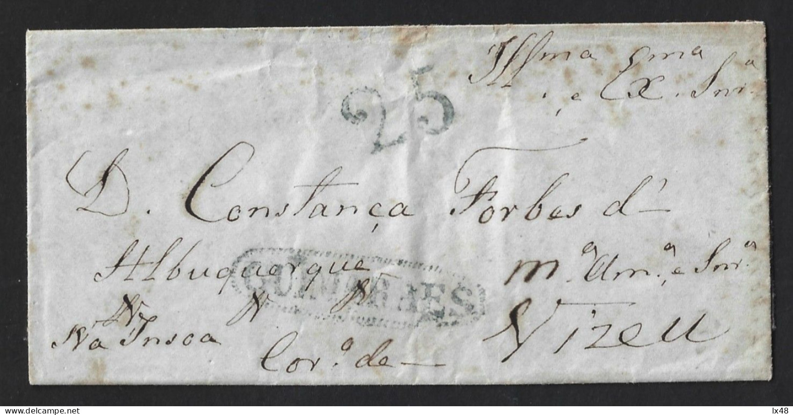 Carta Pré-filatélica 1845, Ínsua, Penalva Castelo,Viseu. Marca 'Guimaraes' 25rs Azul. 'Porto' Azul. Constanç Albuquerque - ...-1853 Prephilately