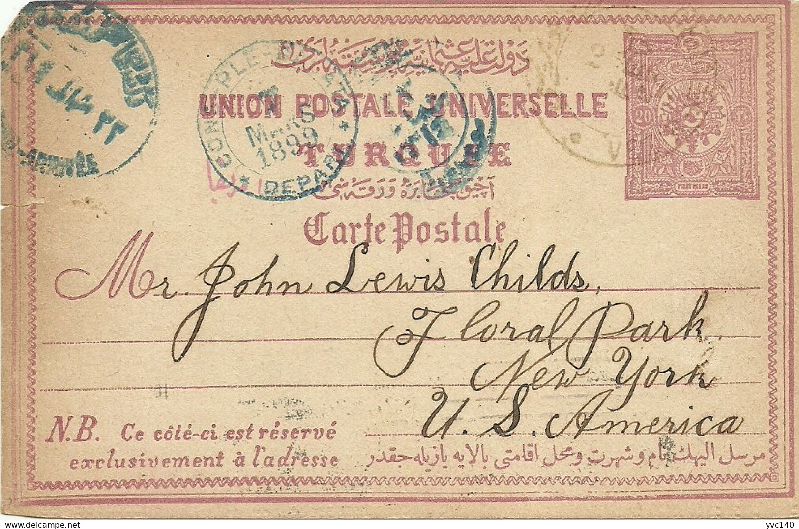 Turkey; Ottoman Postal Stationery Sent From Vezir-Keupru (Vezirkopru/Samsun) To New York RRR - Cartas & Documentos