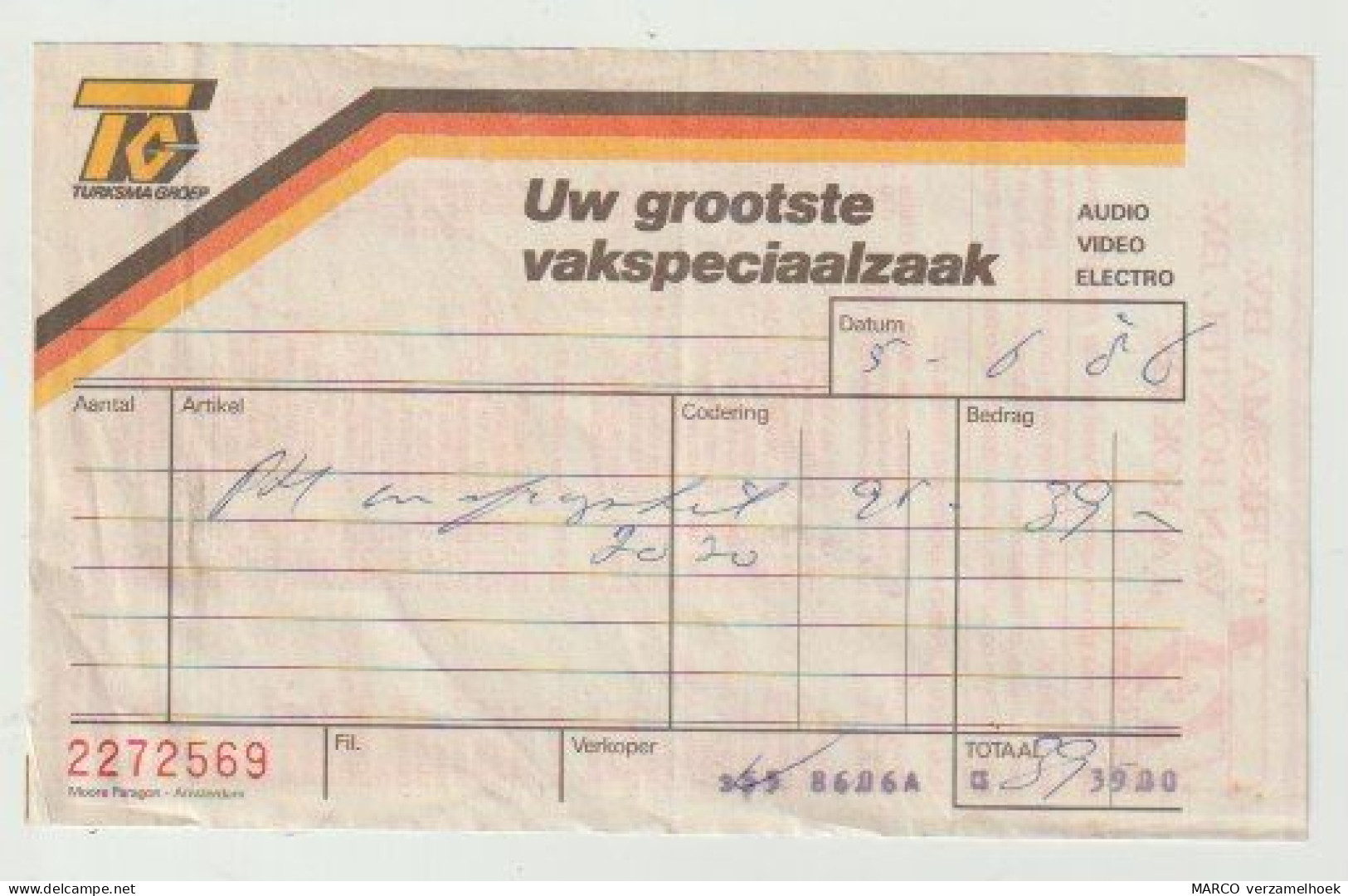 Nota-rekening: TURKSMA Groep Dordrecht (NL) 1986 - Holanda
