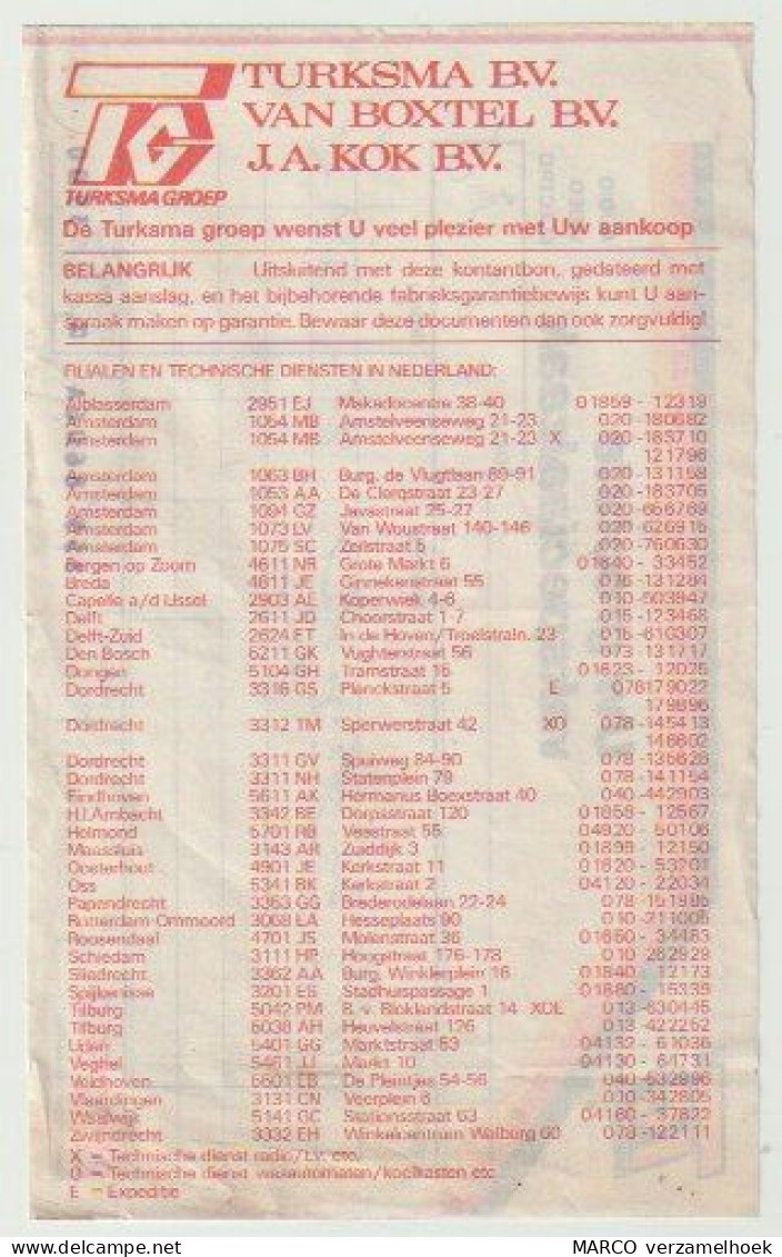 Nota-rekening: TURKSMA Groep Dordrecht (NL) 1986 - Holanda