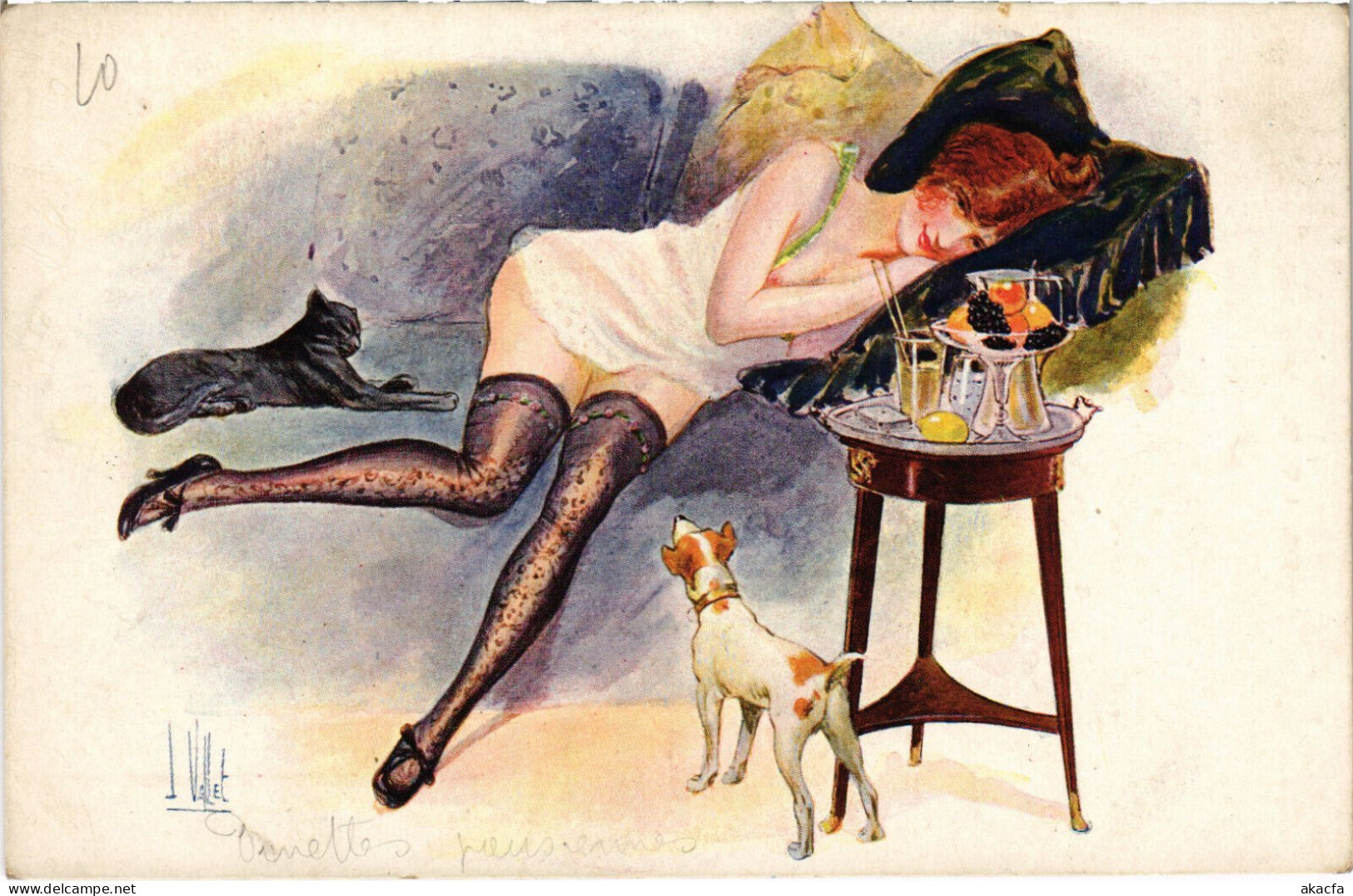 PC ARTIST SIGNED, L. VALLET, THE ORANGEADE, Vintage Postcard (b51361) - Vallet, L.
