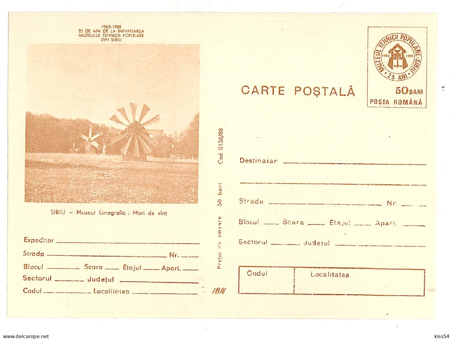 IP 88 - 136 WINDMILL, Romania - Stationery - Unused - 1988 - Molens