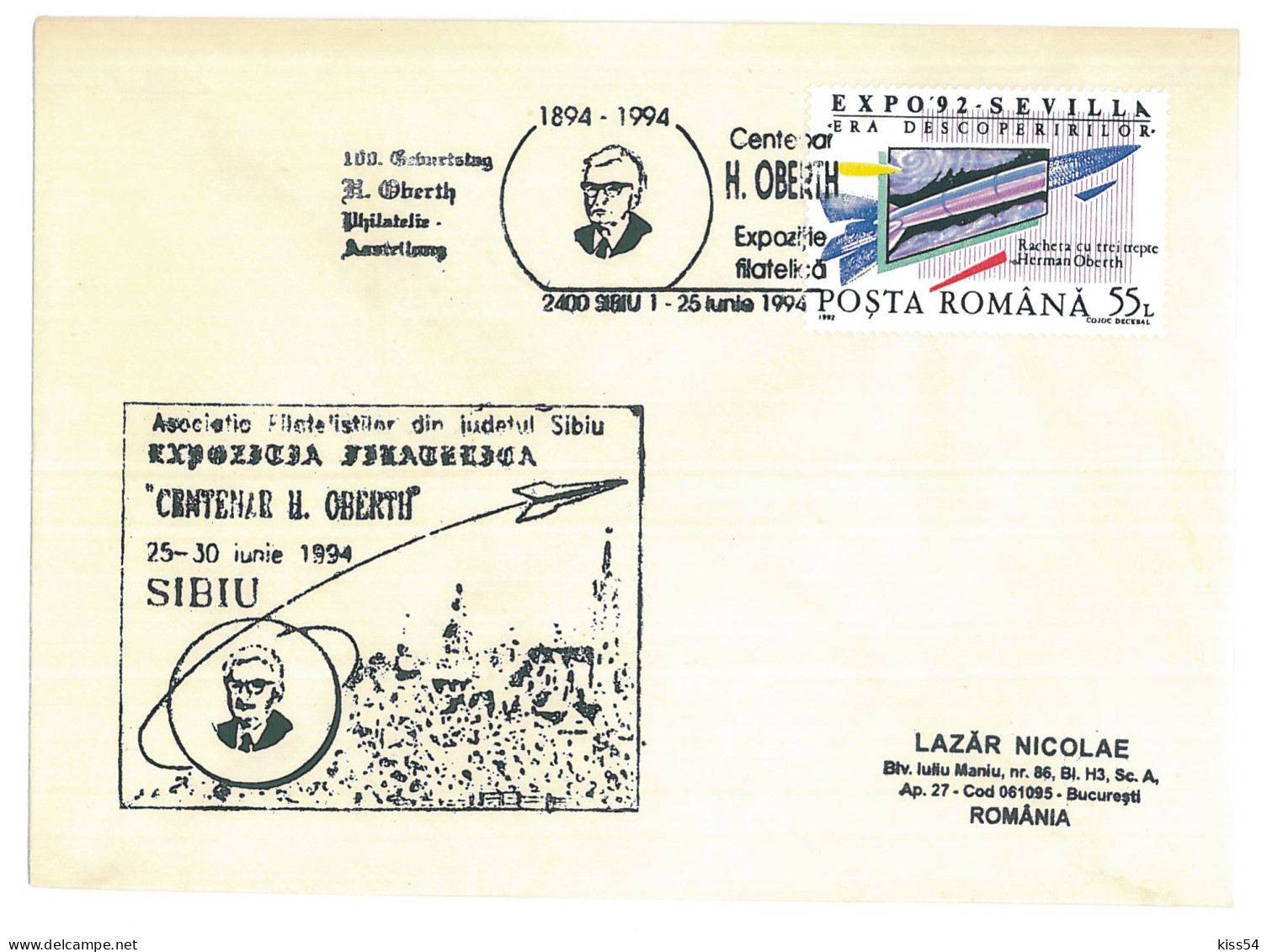 COV 59 - 1541 Hermann OBERTH, Sibiu, Romania - Cover - Used - 1994 - Lettres & Documents