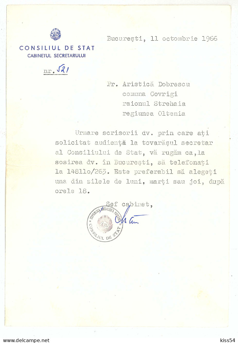 CIP 12 - 128-a-b Bucuresti, Council Of State - REGISTERED Cover - 1966 - Cartas & Documentos