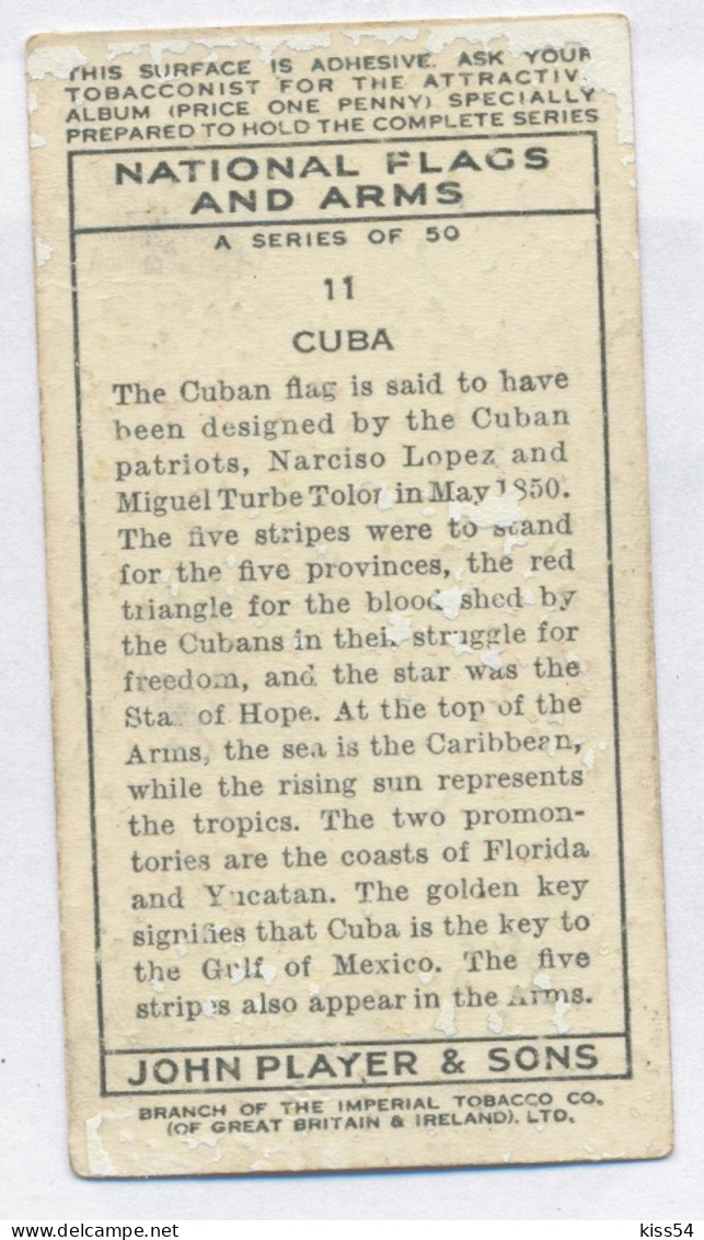 FL 16 - 11-a CUBA National Flag & Emblem, Imperial Tabacco - 67/36 Mm - Objetos Publicitarios