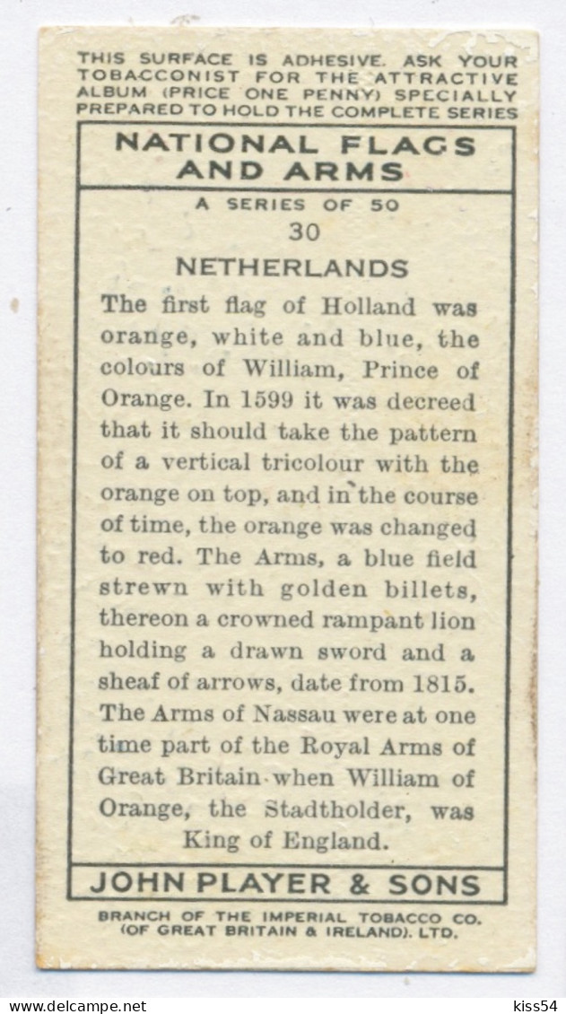 FL 16 - 30-a NETHERLANDS National Flag & Emblem, Imperial Tabacco - 67/36 Mm - Objets Publicitaires
