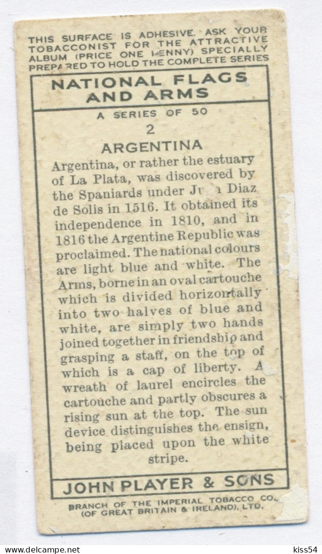FL 16 - 2-a ARGENTINA National Flag & Emblem, Imperial Tabacco - 67/36 Mm - Advertising Items