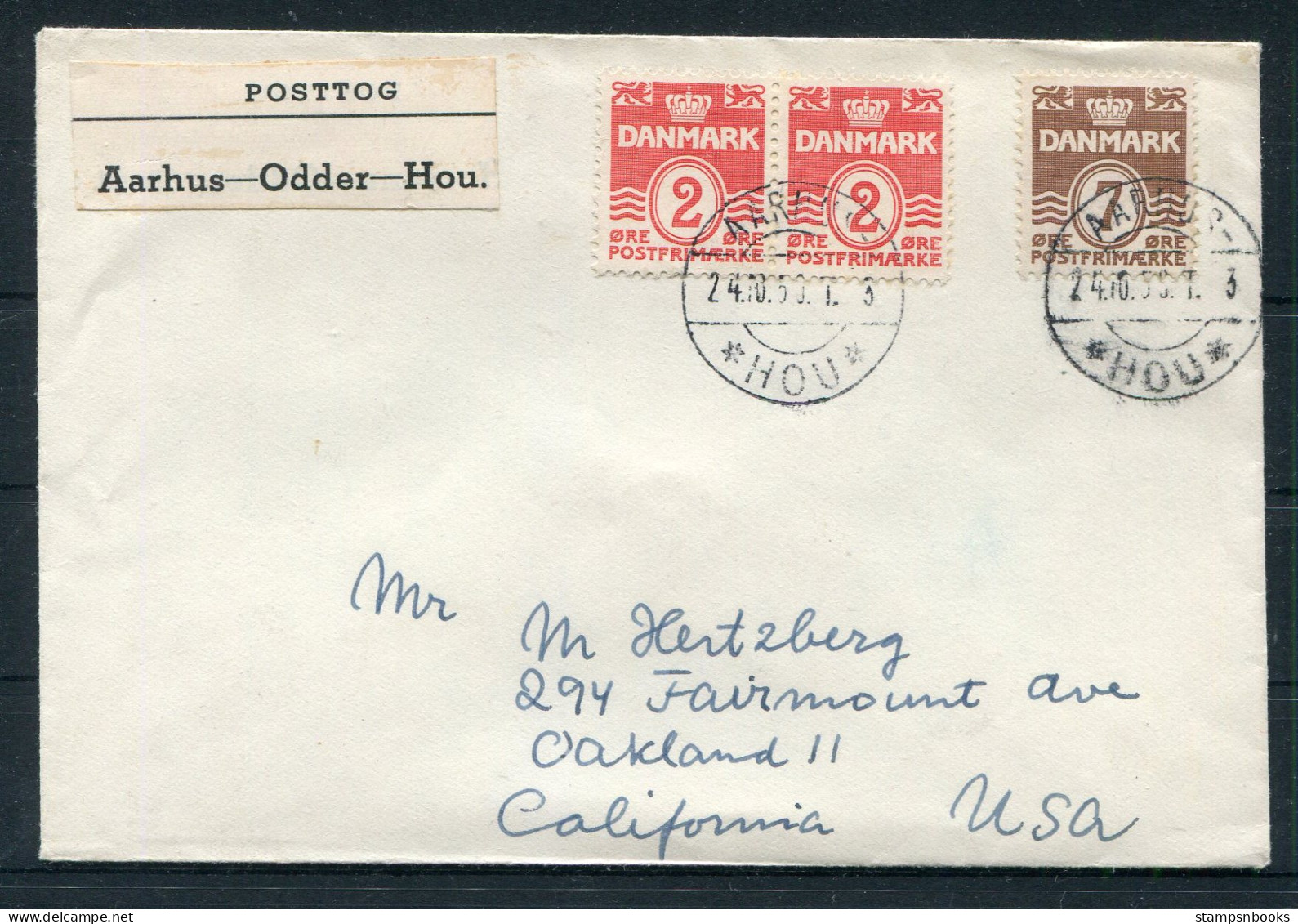 1950 Denmark Posttog Railway Cover Aarhus / Hou - Lettres & Documents