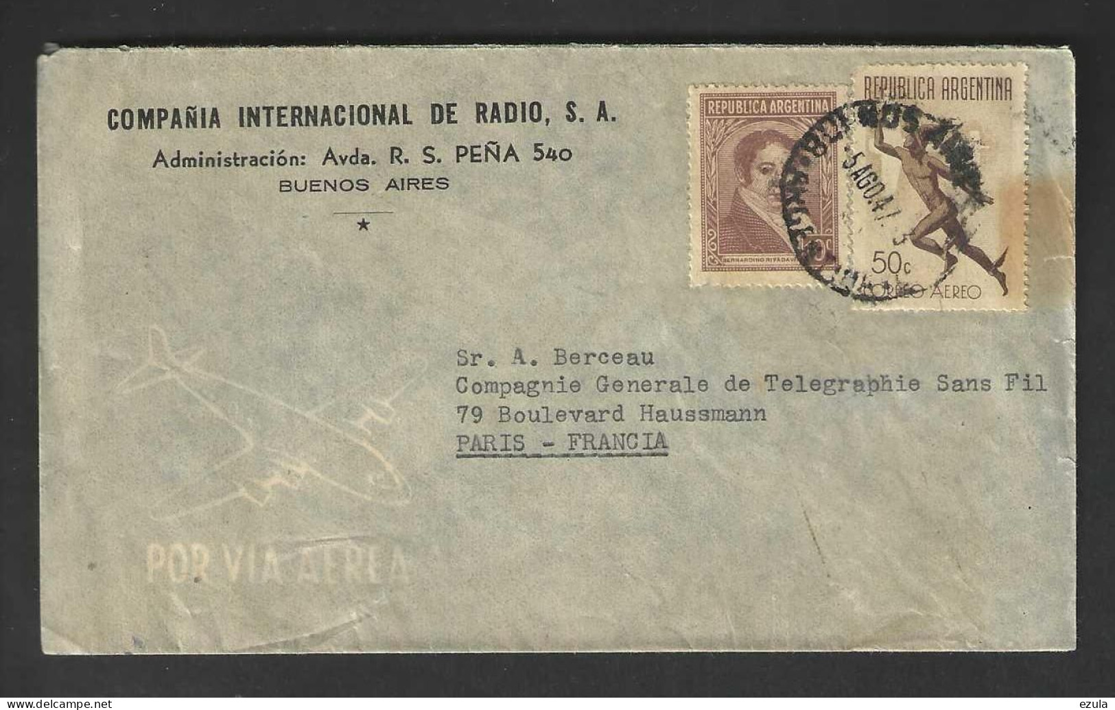 Lettre D'argentine Pour La France - Compagnie Générale De Télégraphie Sans Fil - Storia Postale