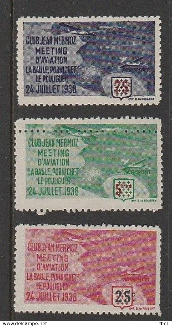 Lot De 3 Vignettes Club Jean Mermoz Meeting D'aviation La Baule Pornichet Le Pouliguen 1938 - Luftfahrt