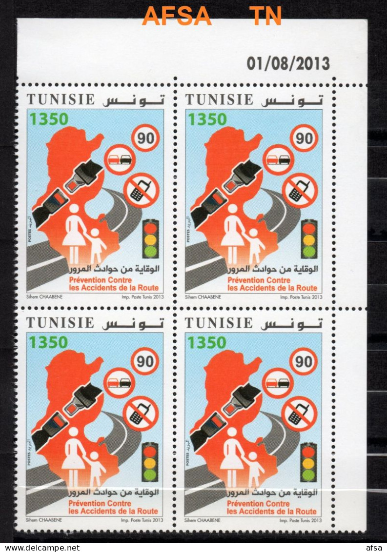 Tunisia 2013-Prevention Against Traffic Accidents (bloc 4+dated Corner) //Prévention Contre Les Accidents De La Route - Unfälle Und Verkehrssicherheit