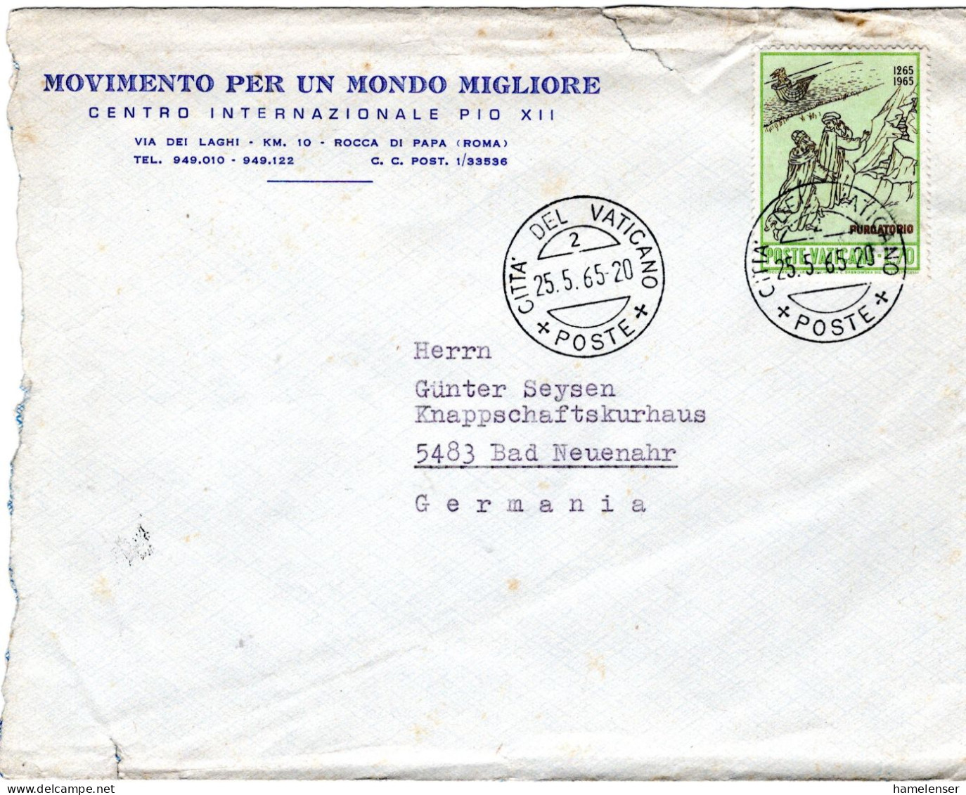 74944 - Vatikan - 1965 - 70L Dante EF A Bf (li Rauh Geoeffnet) CITTA DEL VATICANO - ... -> Westdeutschland - Storia Postale