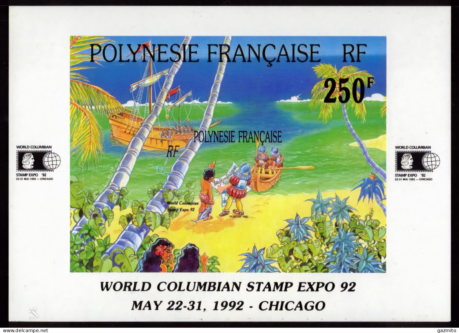 French Polynesia 1992, 500th Discovery Of America, Overp. Stamp Expo, BF - Christophe Colomb